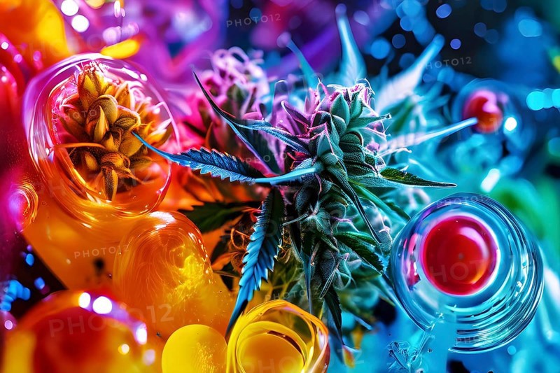Abstract painting of chemical structure of thc and cbd interlocking geometric shapes, AI generated