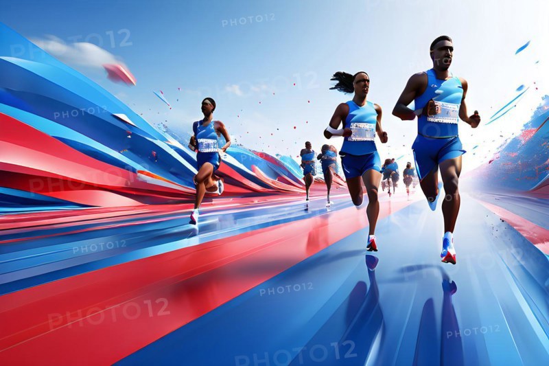 Marathon 2024 olympic runners in abstract dynamic shapes french tricolor blue white red, AI generated