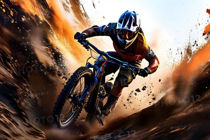 Olympic 2024 mountain biker metamorphosed into fluid abstract shapes, AI generated