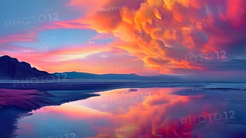 AI generated painting of a surreal landscape with mountains and a lake with digital brush strokes intertwining with watercolor