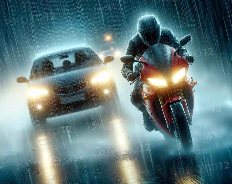 A motorcyclist rides in front of a car with headlights switched on in the rain in the dark, generated with AI, AI generated