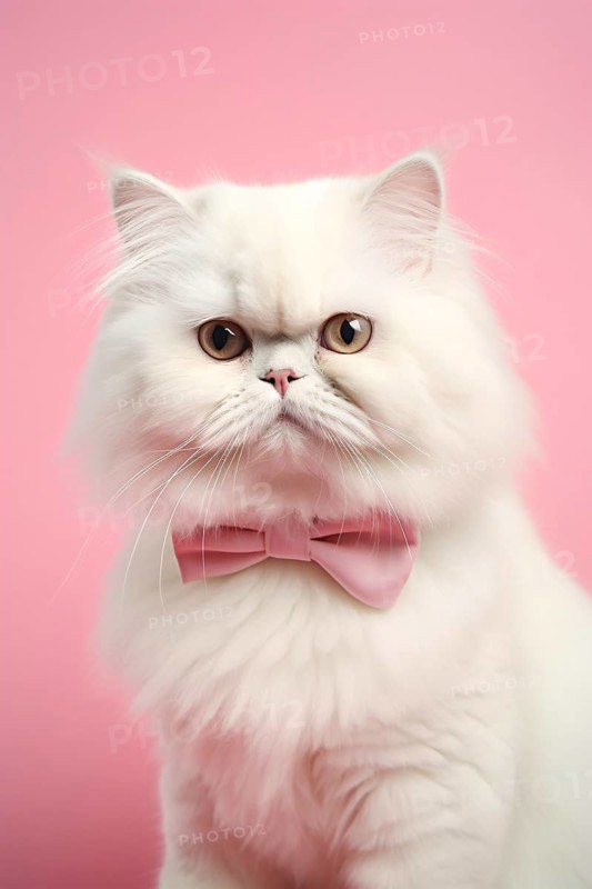 White persian cat with bow tie on pink background. KI generiert, generiert AI generated