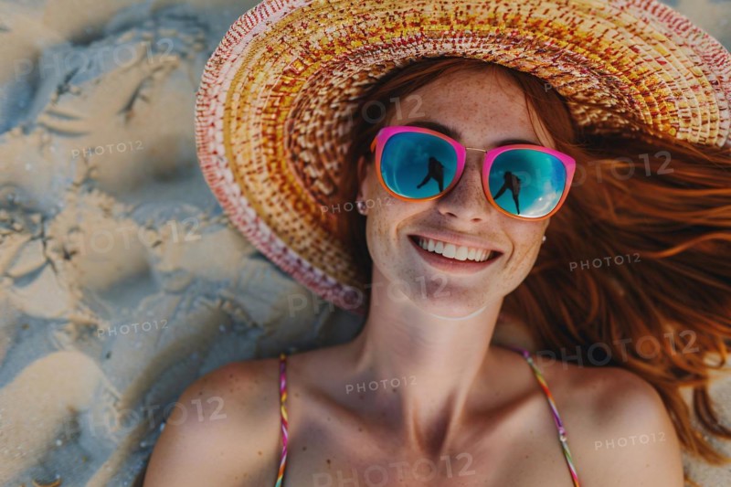 Oung happy woman with freckles, red hair and summer straw hat, sunglasses and swimwear lying in sand on beach. KI generiert, generiert, AI generated
