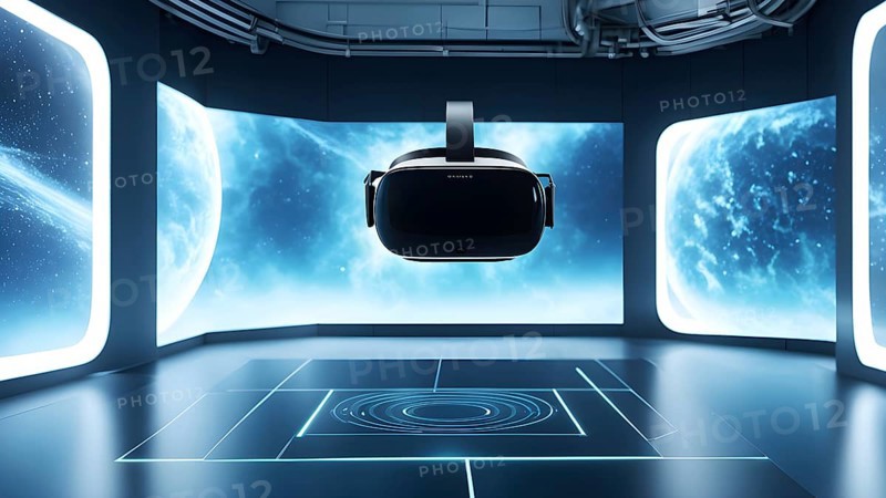 Three dimensional render of virtual reality glasses in a digital room, AI generated