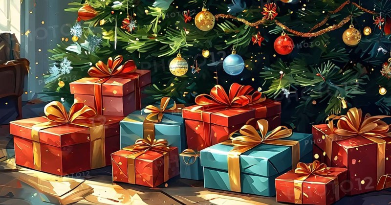 Abstract illustration of wrapped Christmas gifts, shiny ribbons and bows, stacked under a evergreen tree in a cozy living room, AI generated