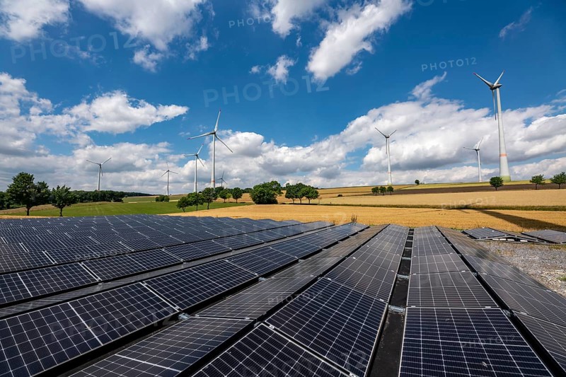 Wind farm near Lichtenau, Ostwestfalen-Lippe, a 100 kW solar power system was installed on the crane installation area in front of a wind turbine, as a trial, so the unused former construction site areas could be used for PV systems, North Rhine-Westphalia, Germany, Europe