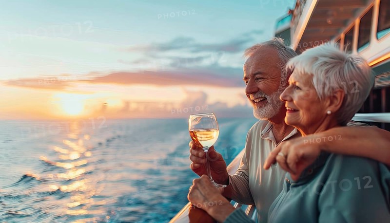Happy senior romantic couple celebrate onboard of luxury cruise ship with glass of wine at sunset, AI generated