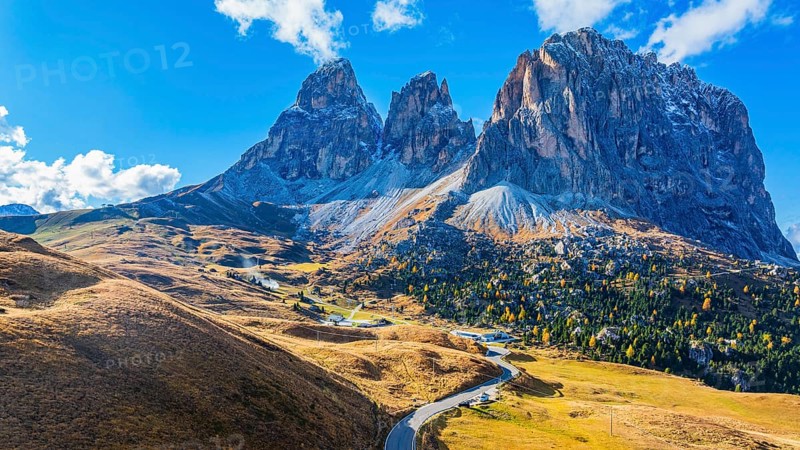 The peaks of the Sassolungo Group, Passo Sella, drone shot, Val Gardena, Dolomites, Autonomous Province of Bolzano, South Tyrol, Italy, Europe