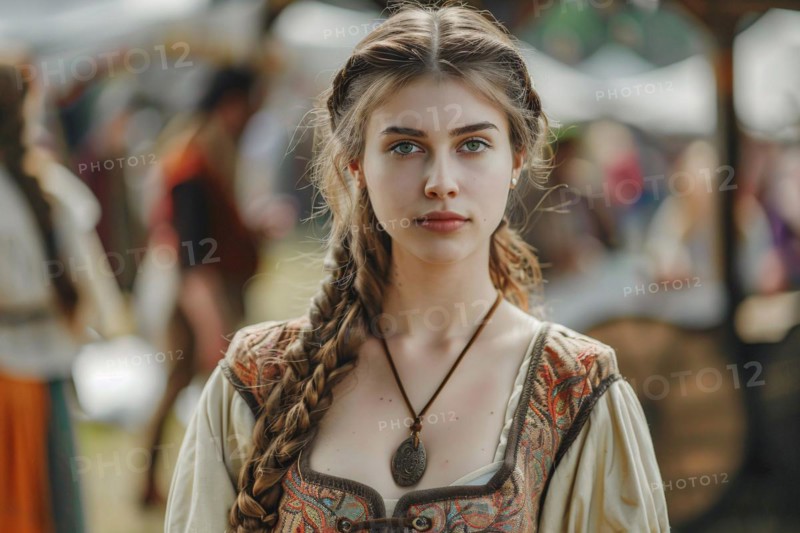 Young woman in medieval style fantasy role playing game costume garment at renaissance fair. KI generiert, generiert, AI generated