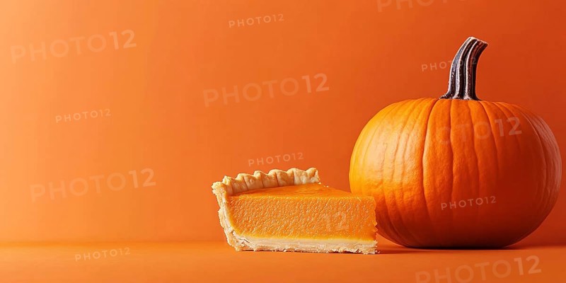 Banner with slice of pumpkin pie and large pumpkin on orange background with copy space. Generative Ai, AI generated