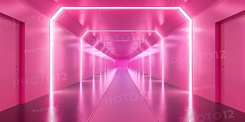 Futuristic long pink hallway with lights. Generative Ai, AI generated