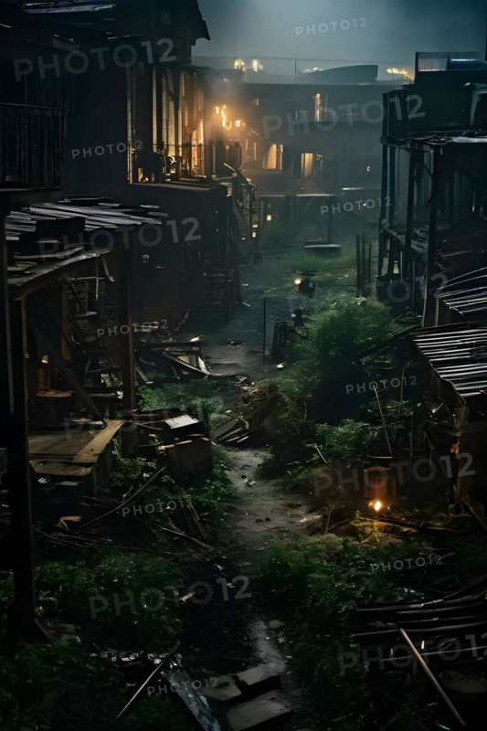 Deserted mining town nature reclaiming architecture, AI generated