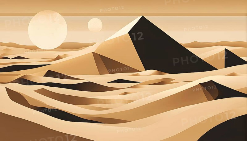 Abstract desert scene with triangular sand dunes and a single circular sun, using sharp lines and subtle gradients in neutral earth tones, AI generated