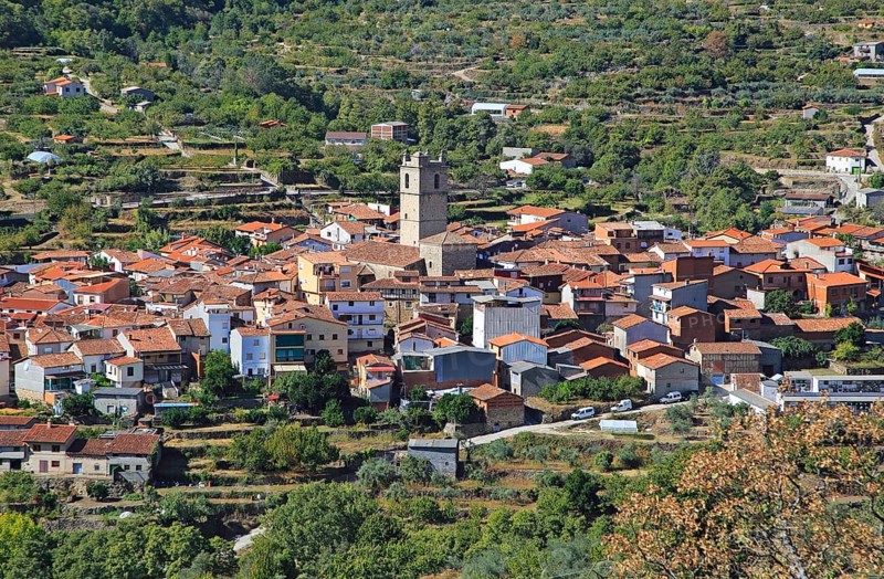 Looking down on rooftops of nucleated village Garganta la Olla, La Vera, Extremadura, Spain, Europe
