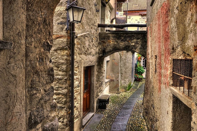 Walkway and Old Rustic Houses in City of Ronco sopra Ascona Ticino, Switzerland, Europe