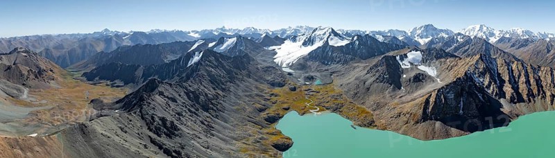 Mountain panorama, aerial view, 4000 metre peak with glacier, mountain pass and mountain lake Ala-Kul Lake, Tien Shan, Kyrgyzstan, Asia