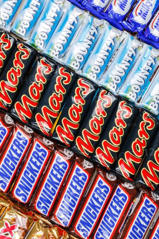 Mars Incorporated products such as Snickers chocolate bars, Twix, Milky Way and Bounty bars as a background