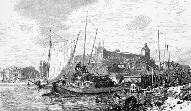 Castle on the Oder, Stettin or Szczecin, Poland, river, small harbour, barges, transport, historical illustration 1880, Europe