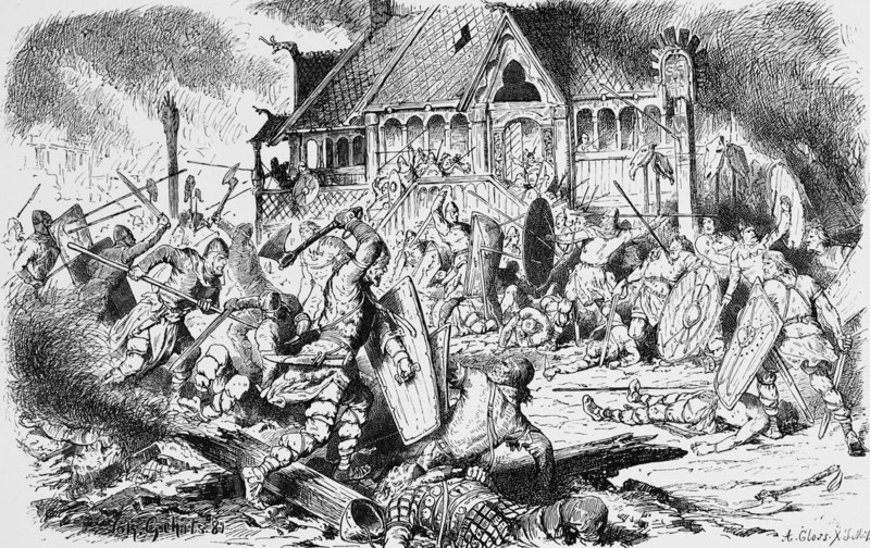 Battle at Swantewit, island of Rügen, Baltic Sea, Mecklenburg-Western Pomerania, Germany, battle, Middle Ages, spears, lances, swords, dead, wounded, buildings, fire, historical illustration 1880, Europe