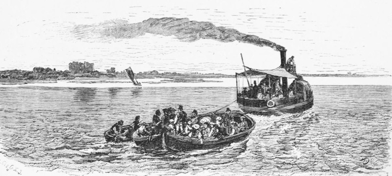 Tugboat on the Elbe, open boats, people, hawser, steamboat, chimney, smoke, Germany, historical illustration 1880, Europe
