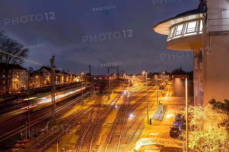 The Deutsche Bahn AG signal box in Mülheim-Styrum, controls train traffic on one of the busiest railway lines in Germany, between Essen and Duisburg, suburban trains, regional trains, ICE and IC long-distance trains and freight traffic, North Rhine-Westphalia, Germany, Europe
