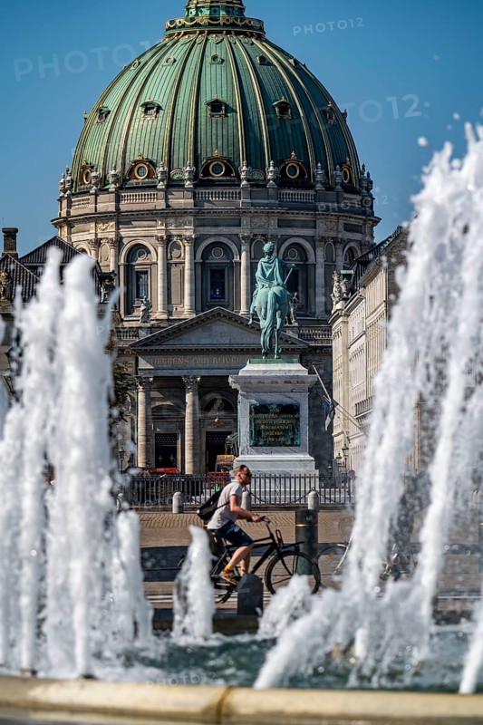 Amalienborg Palace, fountains in the Amalie Garden, dome of the Protestant Frederiks Kirke, Copenhagen, Denmark, Europe