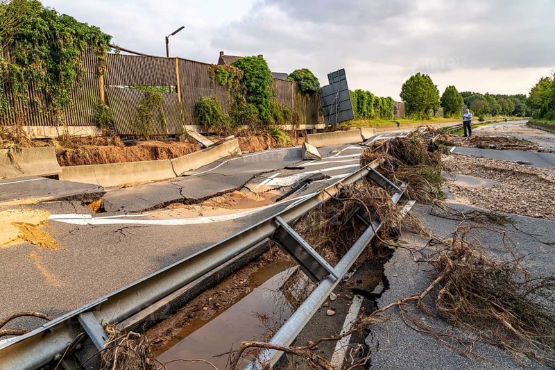 Flood on the Erft, here the federal road B265 destroyed by the water, Erftstadt, North Rhine-Westphalia, Germany, Europe