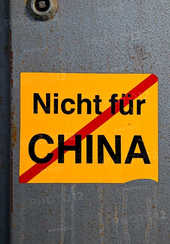Sticker Not for China, Henrichshütte where parts of the plant were sold to China, Hattingen, Ruhr area, North Rhine-Westphalia, Germany, Europe