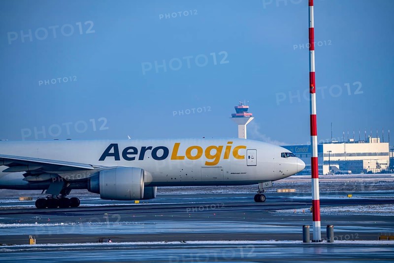 AeroLogic freighter Boeing 777F, on the way to the western runway, Frankfurt Airport FRA, Fraport, in winter, Hesse, Germany, Europe