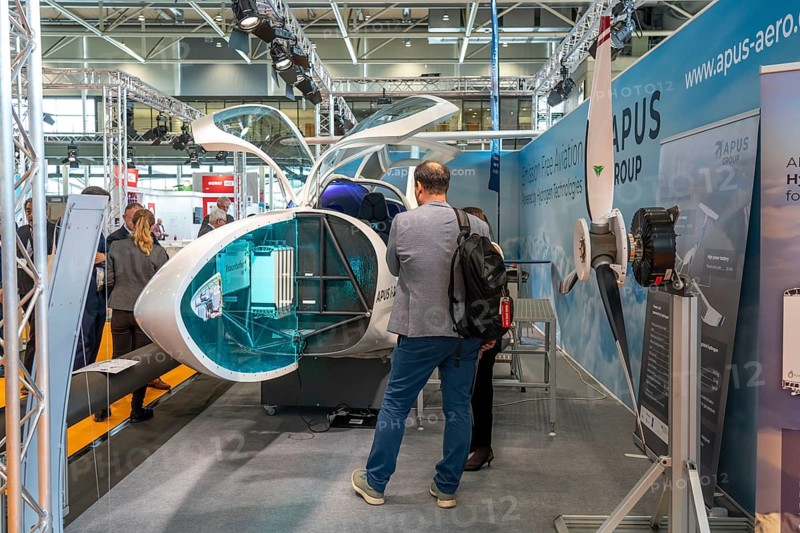 First day at the Hannover Messe 2022, industrial trade fair, after a 2-year corona break, prototype of the APUS i-2 hydrogen aircraft, exhibition hall focussing on fuel cells, hydrogen drives, Lower Saxony, Germany, Europe
