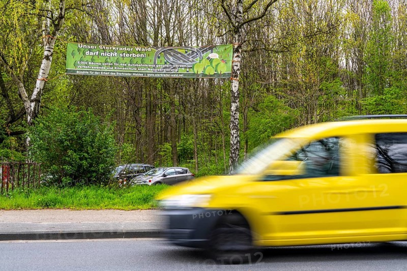 Protest poster, the Sterkrader Wald in Oberhausen, at the Oberhausen motorway junction, where the A2/A3A/A516 meet, it is to be expanded, 11 hectares of forest, around 5, 000 trees are to be felled for this, strong resistance to the plans has formed in the region, #Sterkibleibt, North Rhine-Westphalia, Germany, Europe