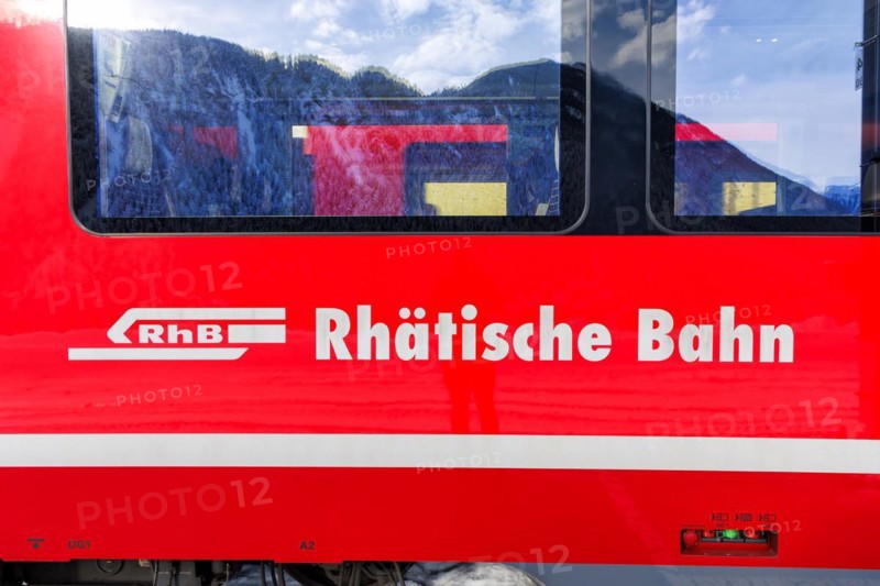 Rhaetian Railway logo on a Stadler Rail train in Filisur, Switzerland, Europe