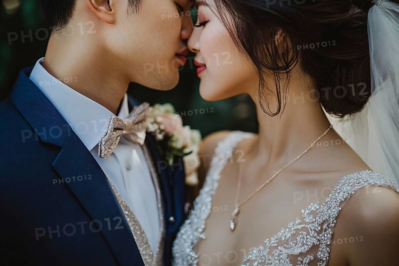 Young Asian wedding couple in love about to kiss. Generative Ai, AI generated