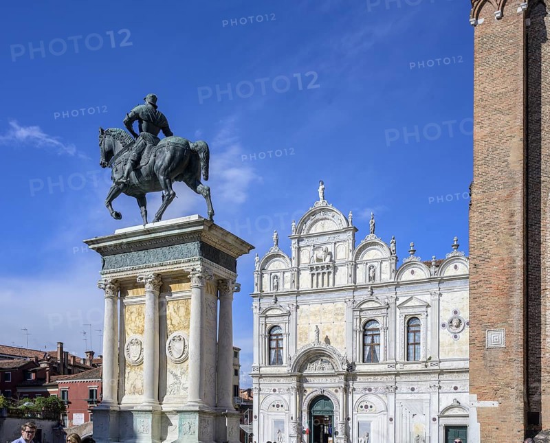 Scuola Grande di San Marco and equestrian statue of Bartolomeo Colleoni, Venice, Metropolitan City of Venice, Italy, Europe
