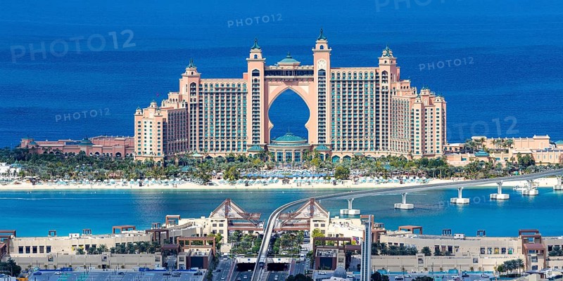 The Palm Jumeirah with Atlantis Hotel Panorama artificial island from above in Dubai, United Arab Emirates, Asia