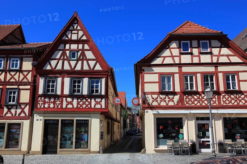 Half-timbered houses in the main street, Hassfurt, Hassfurt, Hassberge district, Lower Franconia, Bavaria, Germany, Europe