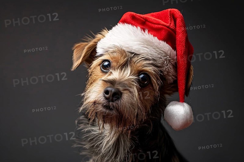 Cute dog with red santa hat in front of dark studio background. Generative Ai, AI generated