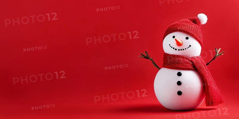Cute snowman with knitted hat and scarf on red background with copy space. Generative AI, AI generated