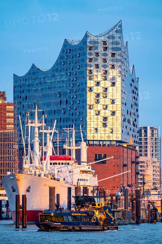 Port of Hamburg, museum ship Cap San Diego at the St. Pauli Landungsbrücken, Elbe Philharmonic Hall, Hadag harbour ferry, Hamburg, Germany, Europe