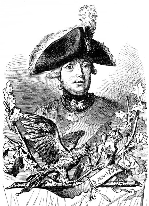 Portrait of Major General Friedrich Wilhelm von Seydlitz, Prussian general, victorious at the Battle of Roßbach in 1757, Frederick II, Frederick the Great, eagle with crown, oak laurel, trident hat with feather, Thirty Years' War, Prussia, historical illustration 1882