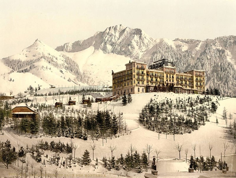 Rochers de Naye and Hotel de Caux in winter, Lake Geneva, Switzerland, Historic, digitally restored reproduction from a 19th century original, Record date not stated, Rochers de Naye, and Hotel de Caux, in winter, Geneva Lake, Switzerland, Historic, digitally restored reproduction from a 19th century original, Record date not stated, Europe