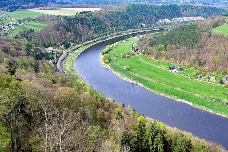 View over the Elbe River from the Konigstein fortress on top of the Elbe sandstone mountains, Konigstein, Saxony, Germany, Europe