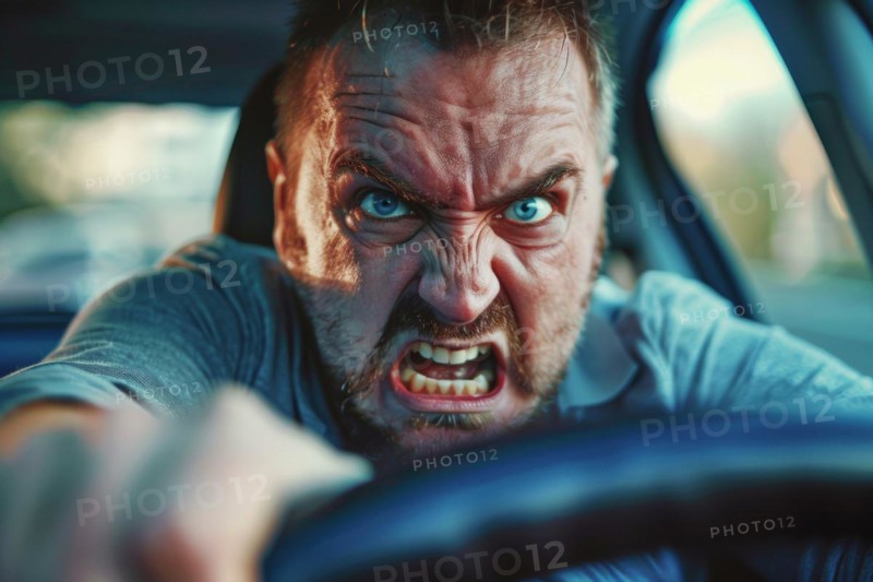 Angry, unnerved, aggressive, screaming man sitting behind the wheel, symbolic image for aggressive behaviour in road traffic, AI generated, AI generated, AI generated