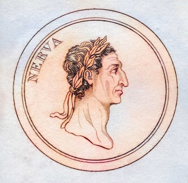 Nerva Caesar Augustus original name Marcus Cocceius Nerva 30-98 AD Roman Emperor from the book Crabbs Historical Dictionary from 1825, Historical, digitally restored reproduction from an original from the 19th century, Record date not stated