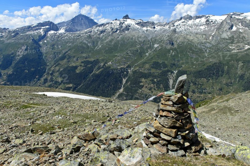 View from the Bietschhorn hut over the Lötschental to the Lötschen Pass with the Balmhorn and Hockenhorn peaks, near Blatten, Lötschental, Valais, Switzerland, Europe