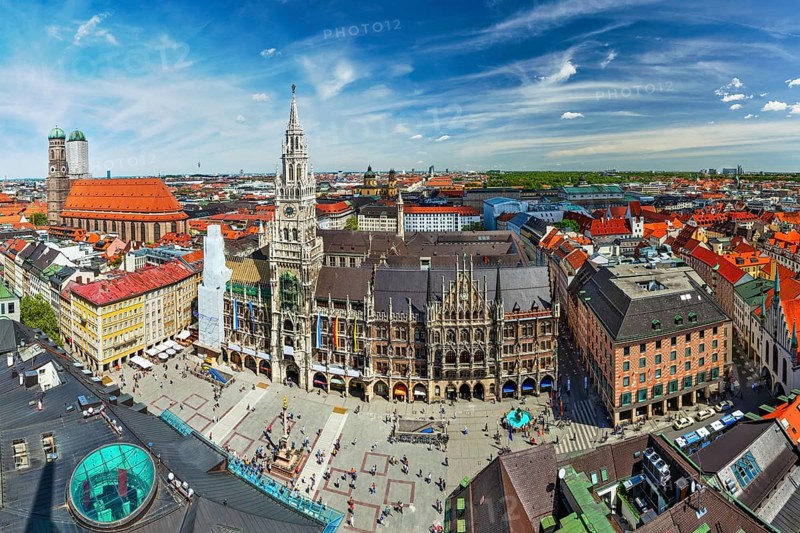 Aerial fish eye view of Munich, Marienplatz, Neues Rathaus and Frauenkirche from St. Peter's church. Munich, Germany, Europe