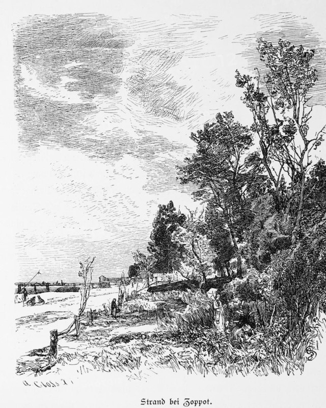 Sopot or Sopot on the Baltic Sea, Poland, natural landscape, beach, dune forest, idyll, tranquillity, historical illustration 1880, Europe