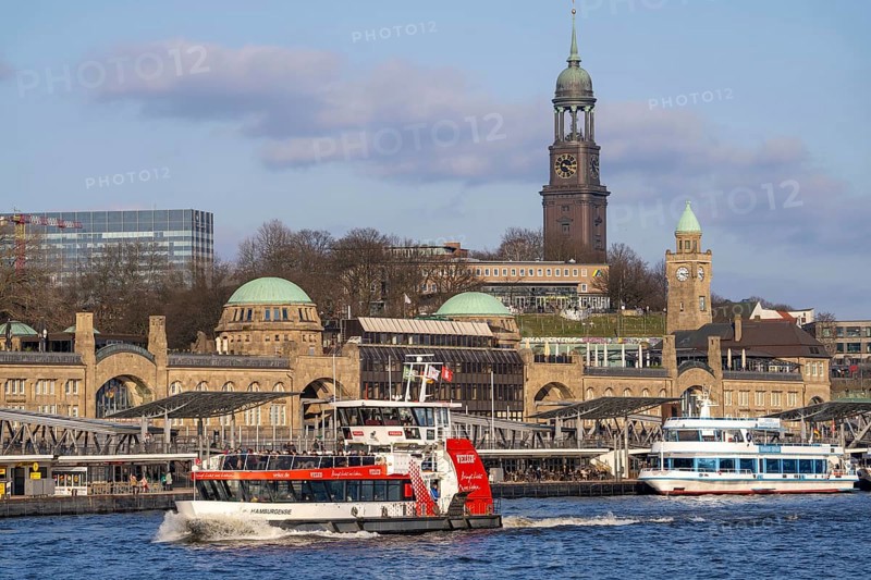 Hadag harbour ferry, on the Elbe, Landungsbrücken, main church St. Michaelis, Hamburg, Germany, Europe