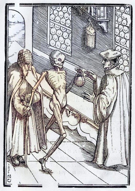 Der Tod kommt zum Doktor Holzschnitt von Georg Scharffenberg nach Hans Holbein d. J. Aus Der Todten Tanz, erschienen Basel 1843, Death comes to the Doctor Woodcut by Georg Scharffenberg after Hans Holbein the Younger From Der Todten Tanz or The Dance of Death published Basel 1843, Historisch, digital restaurierte Reproduktion von einer Vorlage aus dem 19. century, Record date not stated