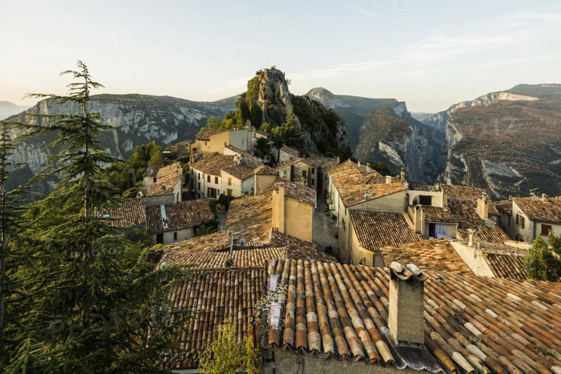 Mountain village, sunrise, Rougon, Verdon Gorge, Gorges du Verdon, Alpes-de-Haute-Provence department, Provence-Alpes-Côte d'Azur region, France, Europe
